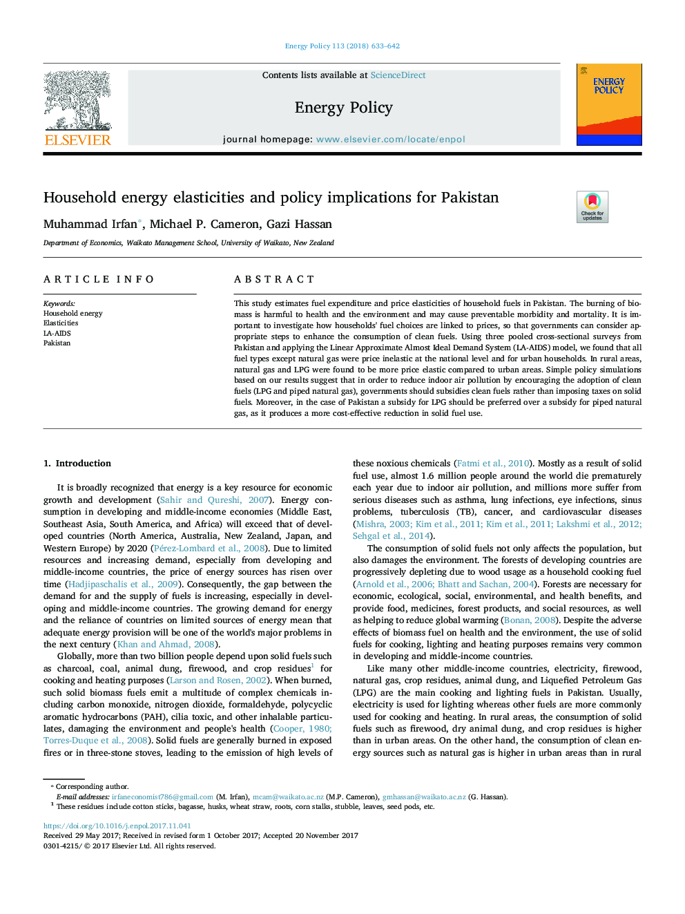 Household energy elasticities and policy implications for Pakistan