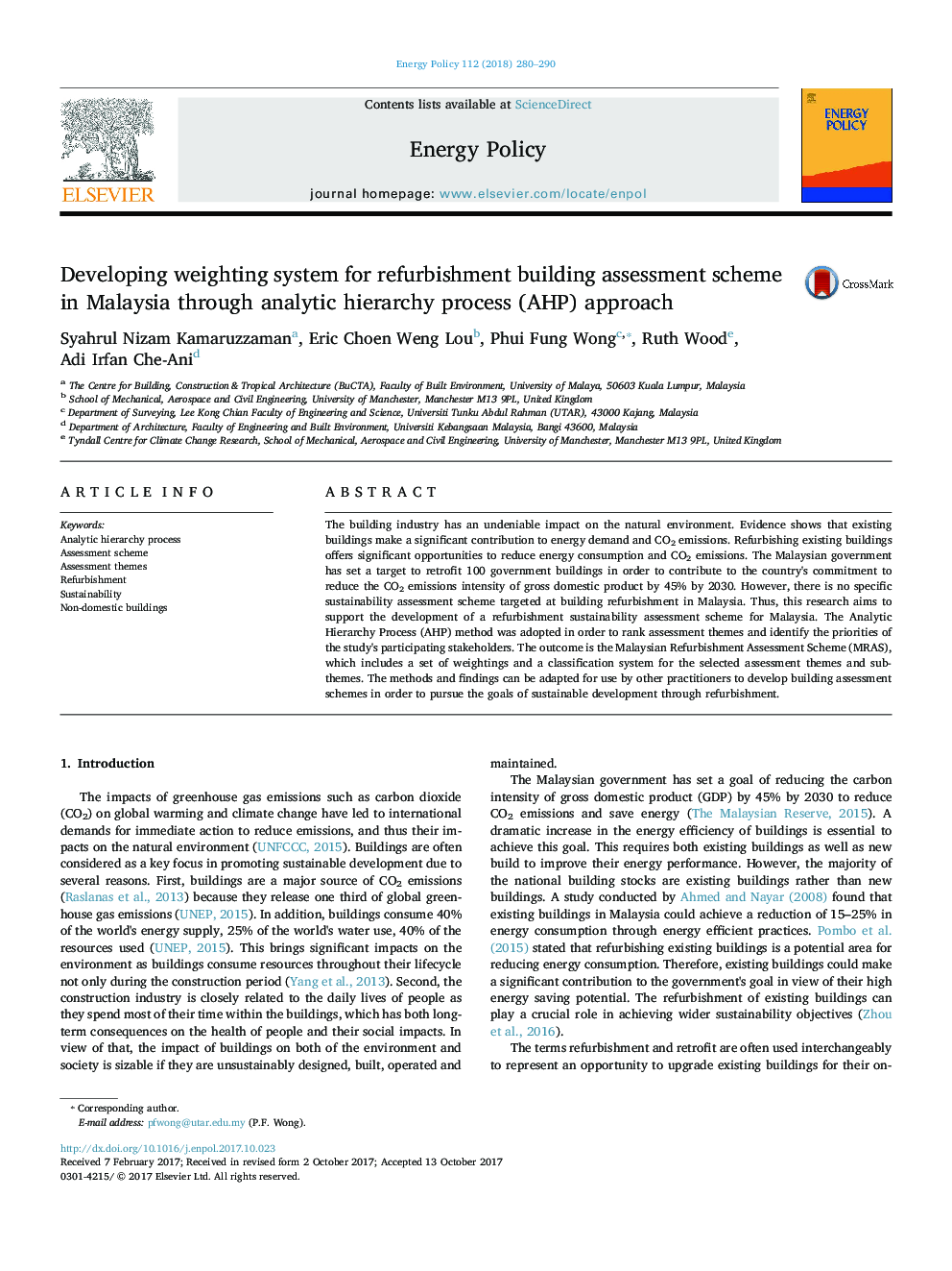 Developing weighting system for refurbishment building assessment scheme in Malaysia through analytic hierarchy process (AHP) approach