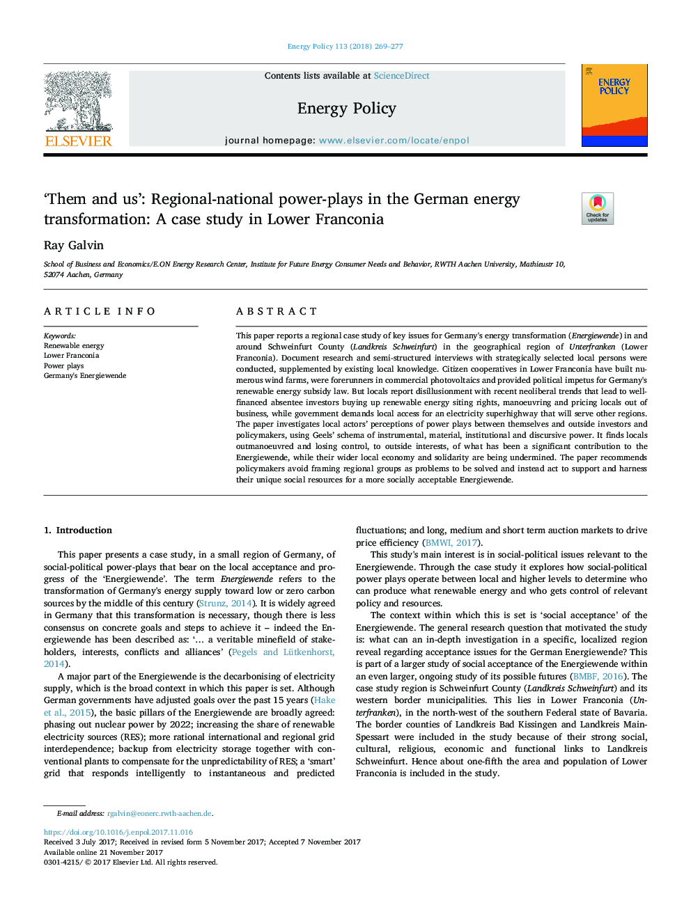 'Them and us': Regional-national power-plays in the German energy transformation: A case study in Lower Franconia
