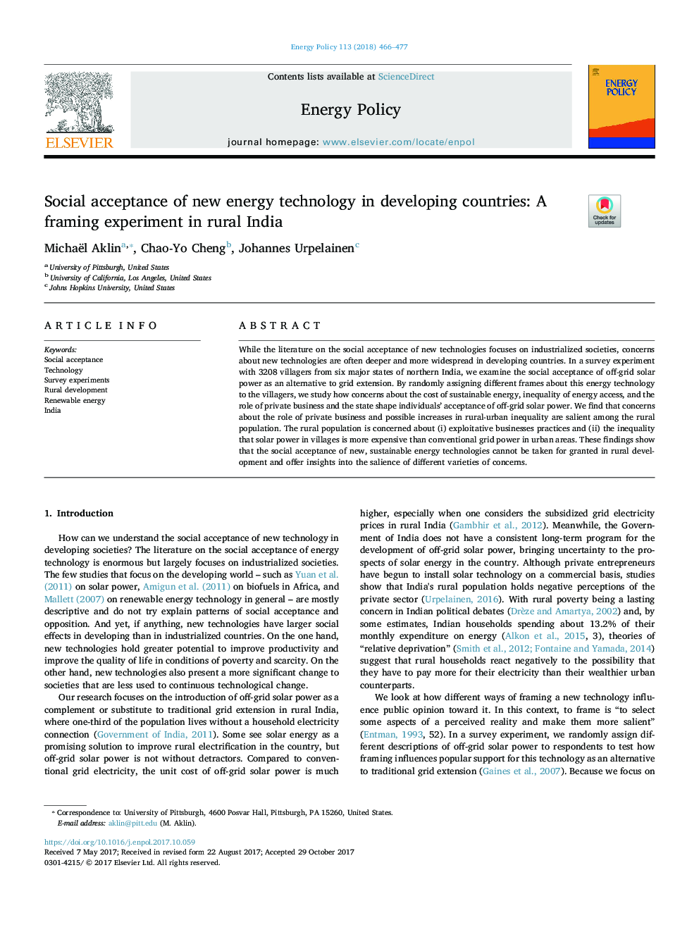 Social acceptance of new energy technology in developing countries: A framing experiment in rural India