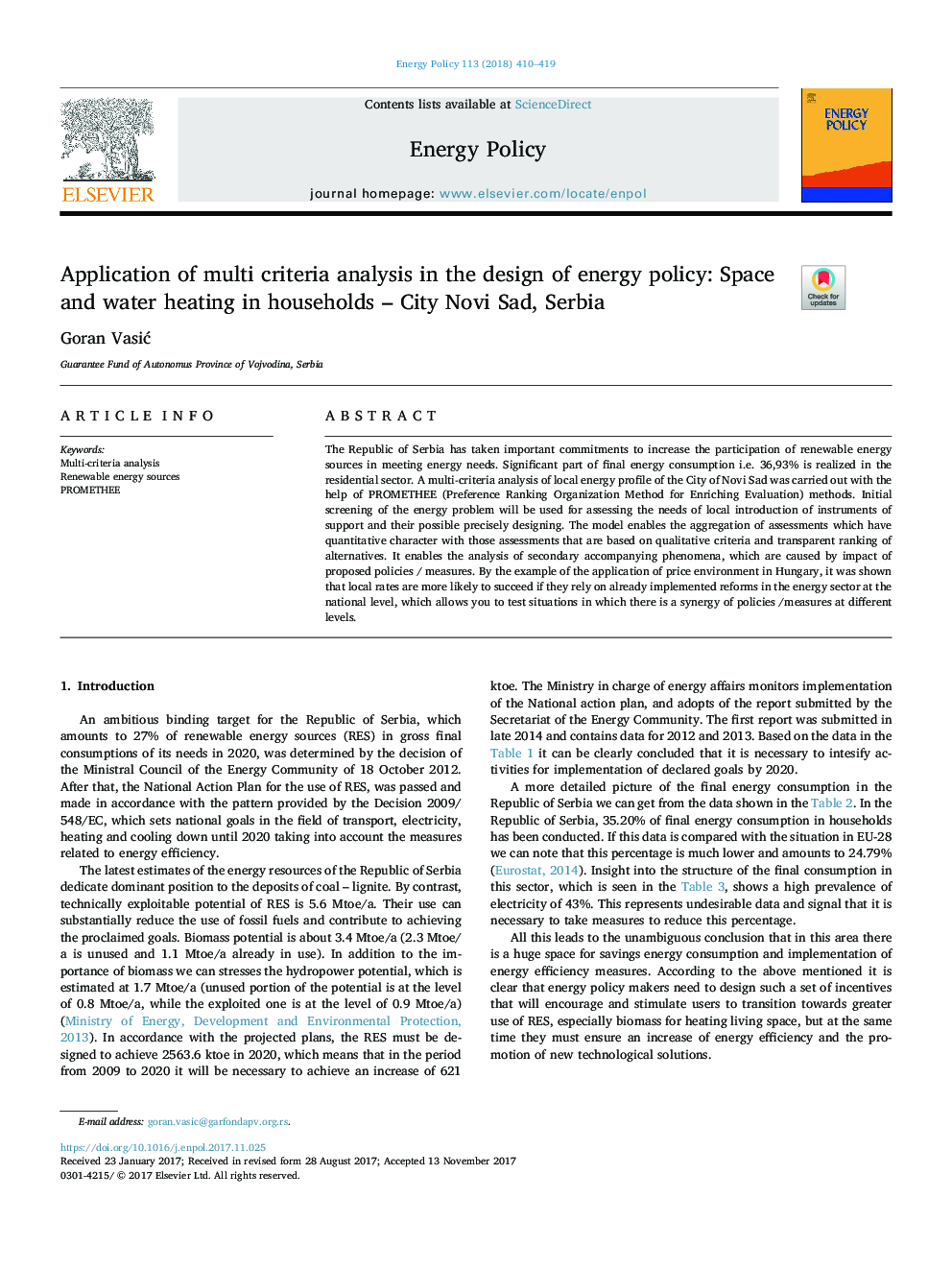 Application of multi criteria analysis in the design of energy policy: Space and water heating in households - City Novi Sad, Serbia