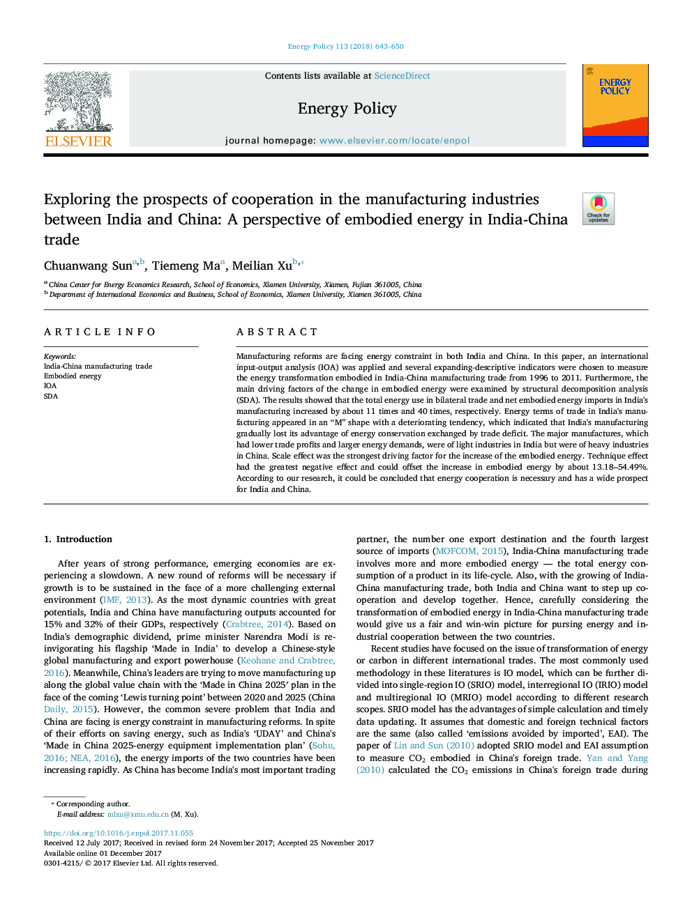 Exploring the prospects of cooperation in the manufacturing industries between India and China: A perspective of embodied energy in India-China trade