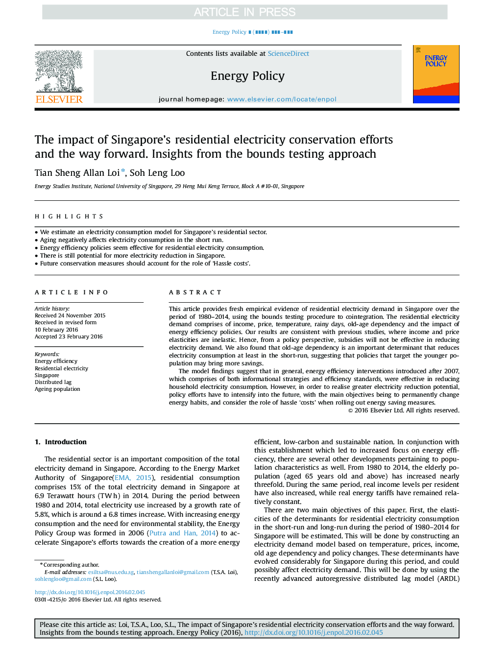 The impact of Singapore's residential electricity conservation efforts and the way forward. Insights from the bounds testing approach