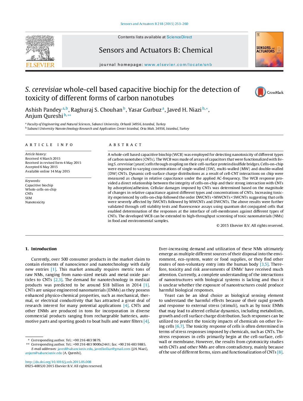 S. cerevisiae whole-cell based capacitive biochip for the detection of toxicity of different forms of carbon nanotubes