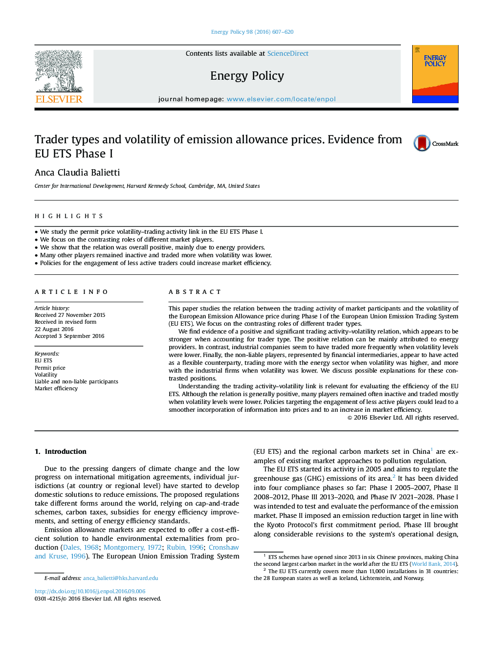 Trader types and volatility of emission allowance prices. Evidence from EU ETS Phase I