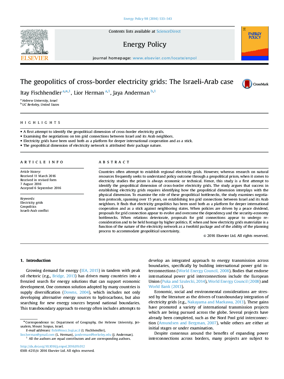 The geopolitics of cross-border electricity grids: The Israeli-Arab case