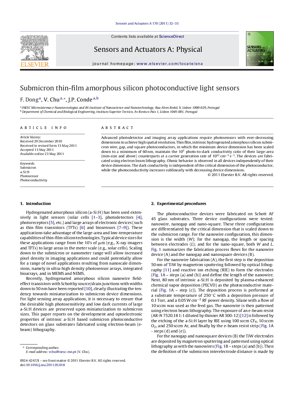 Submicron thin-film amorphous silicon photoconductive light sensors