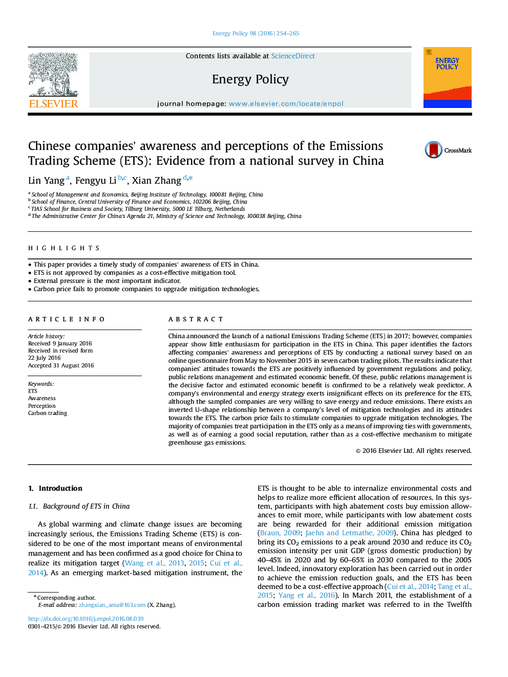 Chinese companies' awareness and perceptions of the Emissions Trading Scheme (ETS): Evidence from a national survey in China