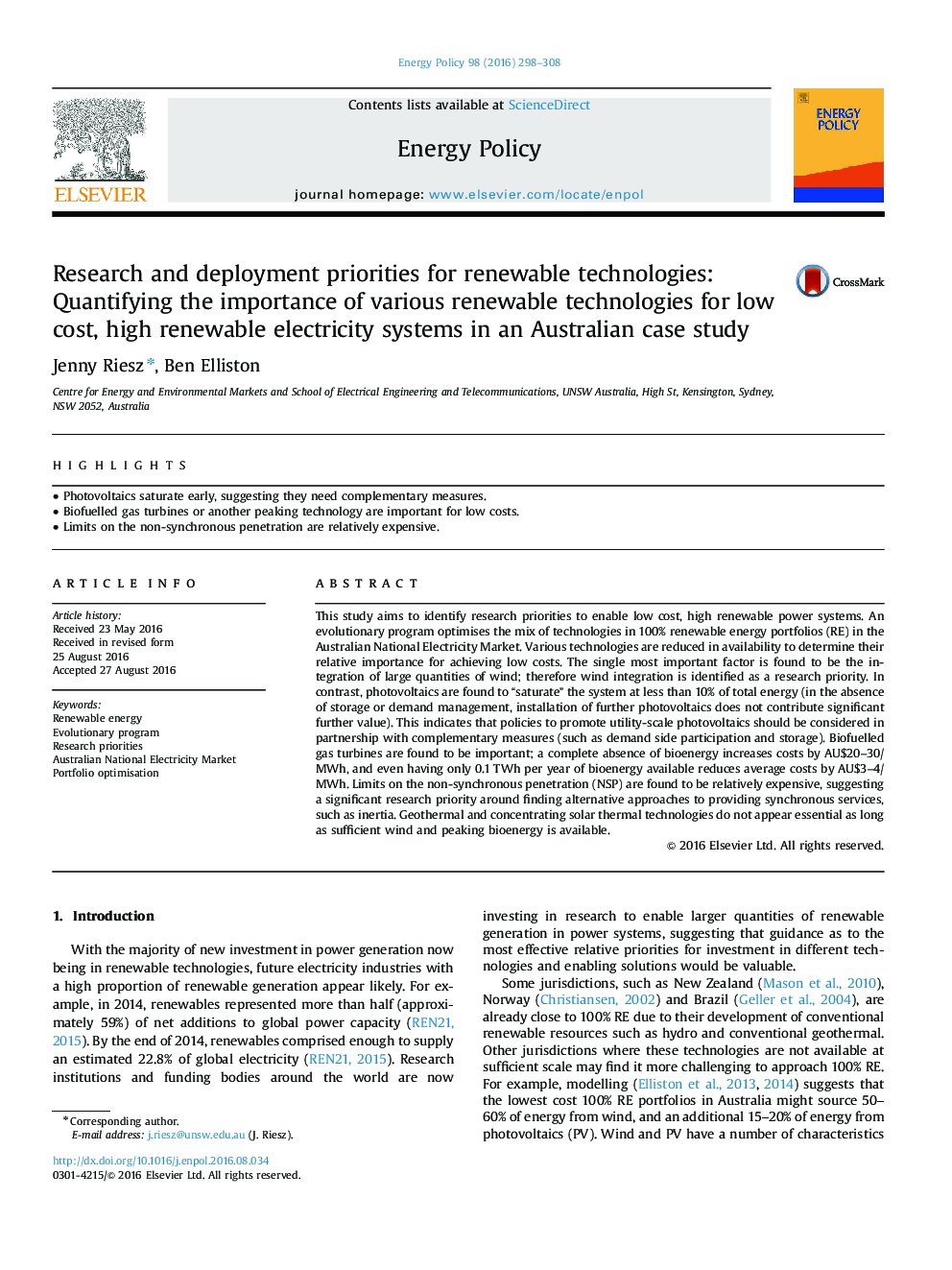 اولویت های تحقیق و توسعۀ فن آوری های تجدید پذیر: تعیین اهمیت فن آوری های مختلف تجدید پذیر برای سیستم های کم هزینه برق و تجدید پذیر در مطالعه مورد استرالیا 