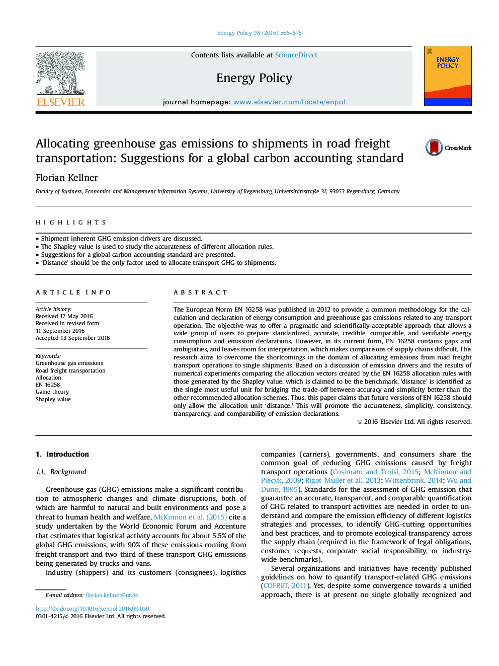 Allocating greenhouse gas emissions to shipments in road freight transportation: Suggestions for a global carbon accounting standard