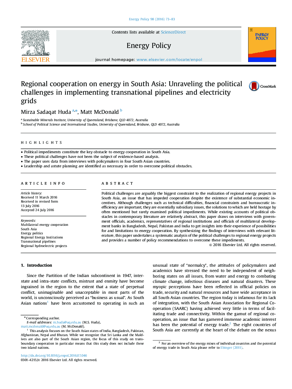 همکاری منطقه ای در زمینه انرژی در جنوب آسیا: رفع چالش های سیاسی در اجرای خط لوله های فراملی و شبکه های برق 