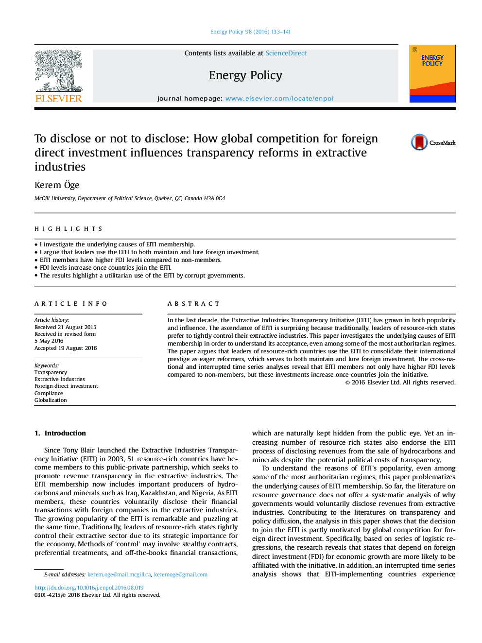 To disclose or not to disclose: How global competition for foreign direct investment influences transparency reforms in extractive industries