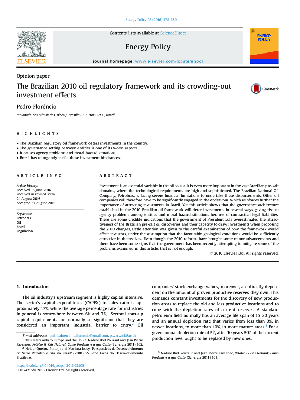 The Brazilian 2010 oil regulatory framework and its crowding-out investment effects