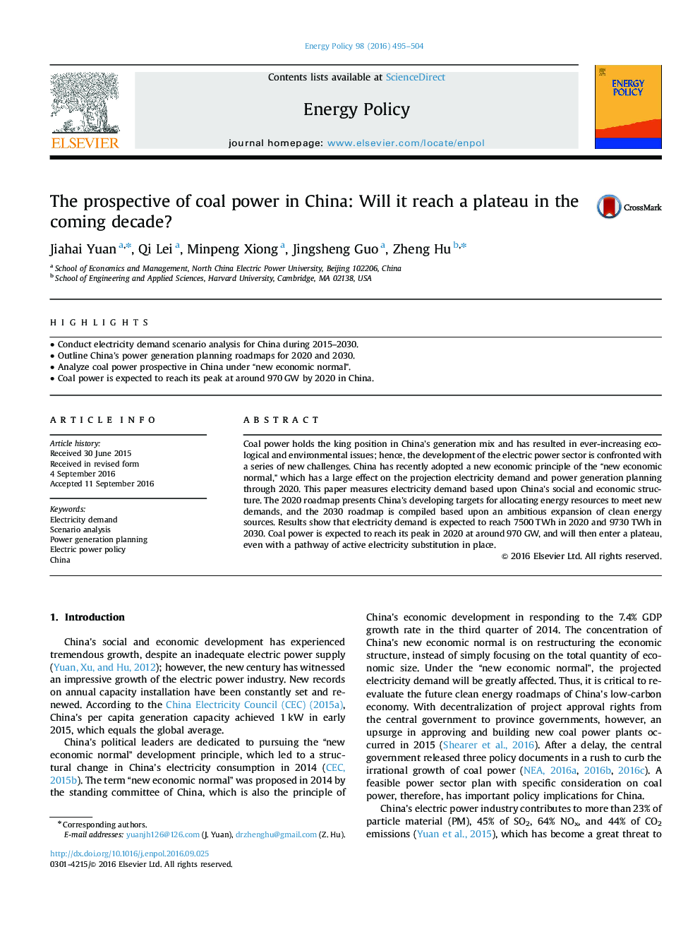 The prospective of coal power in China: Will it reach a plateau in the coming decade?