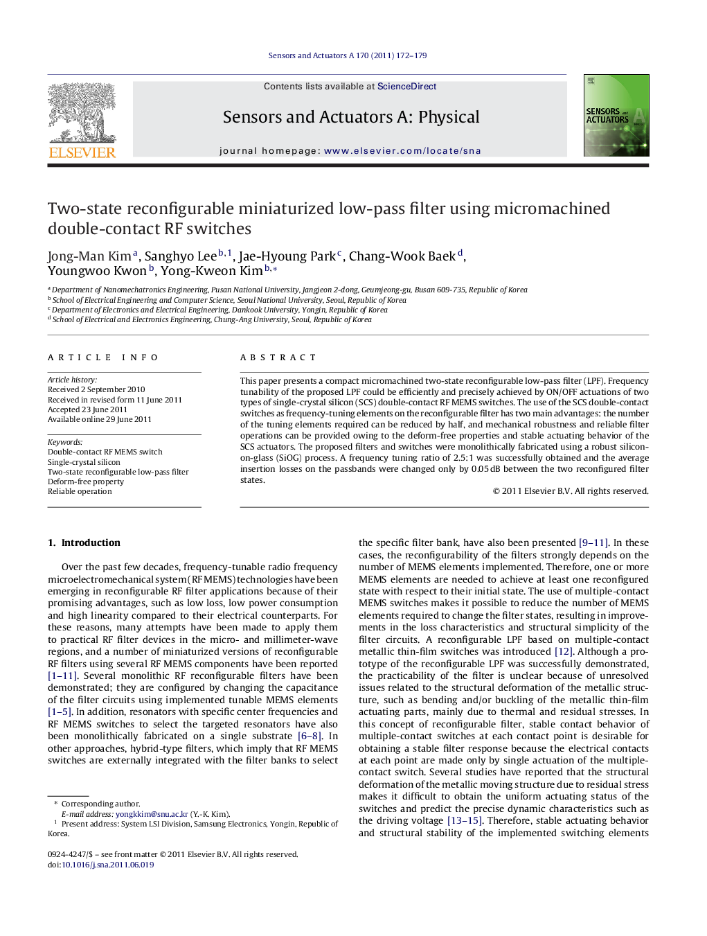 Two-state reconfigurable miniaturized low-pass filter using micromachined double-contact RF switches