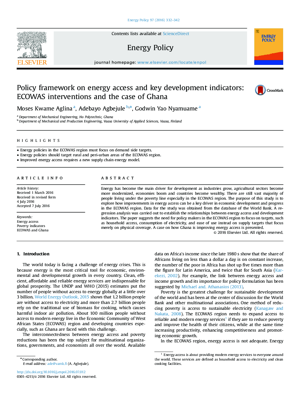 Policy framework on energy access and key development indicators: ECOWAS interventions and the case of Ghana