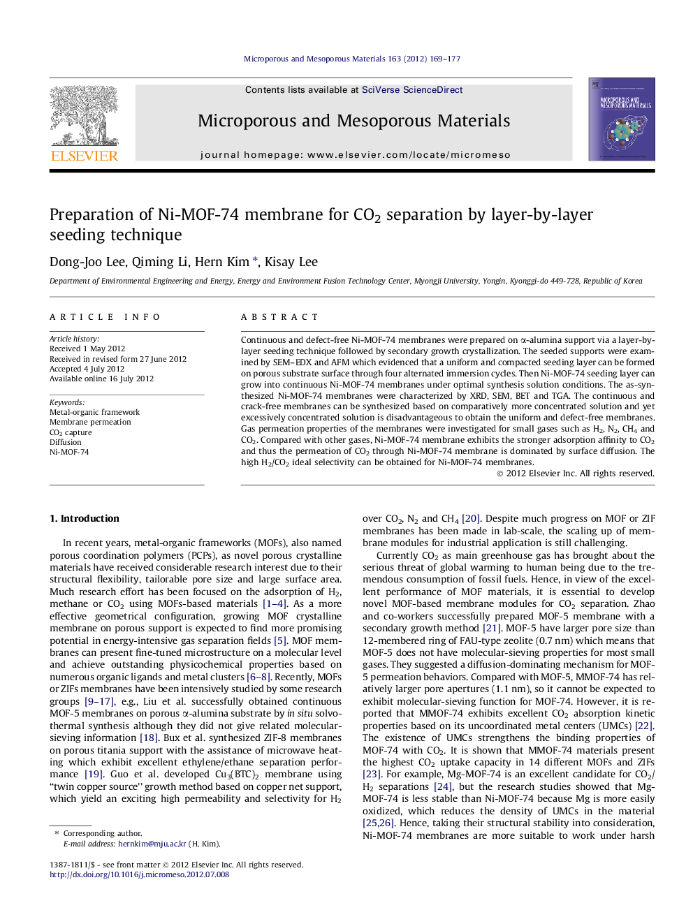 Preparation of Ni-MOF-74 membrane for CO2 separation by layer-by-layer seeding technique