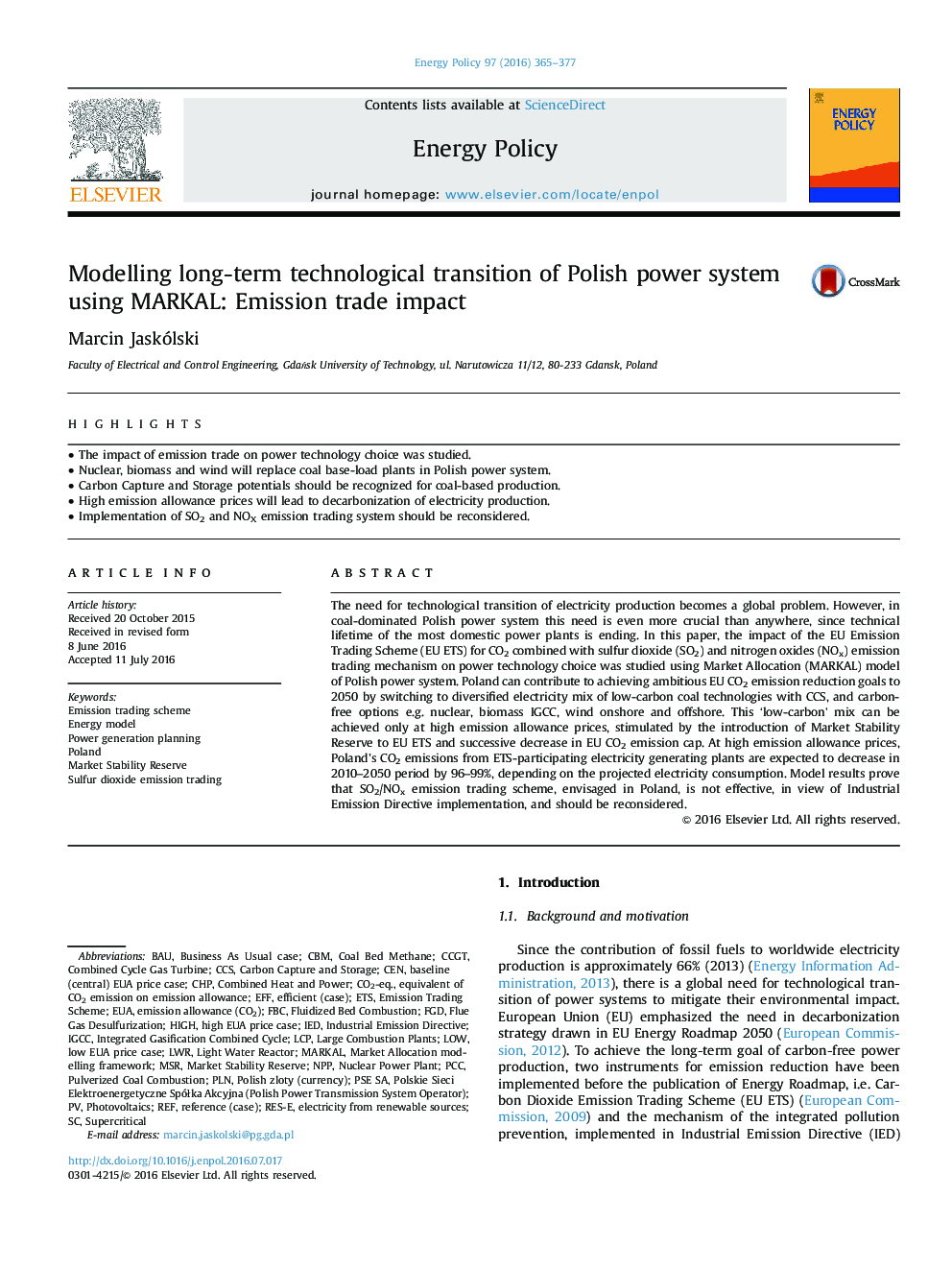 Modelling long-term technological transition of Polish power system using MARKAL: Emission trade impact