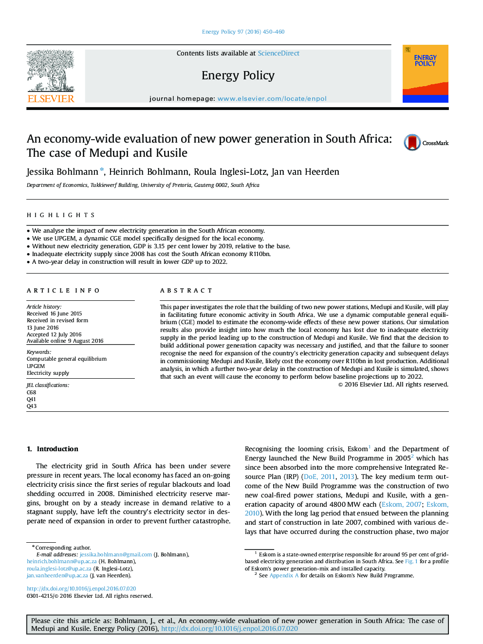 An economy-wide evaluation of new power generation in South Africa: The case of Medupi and Kusile