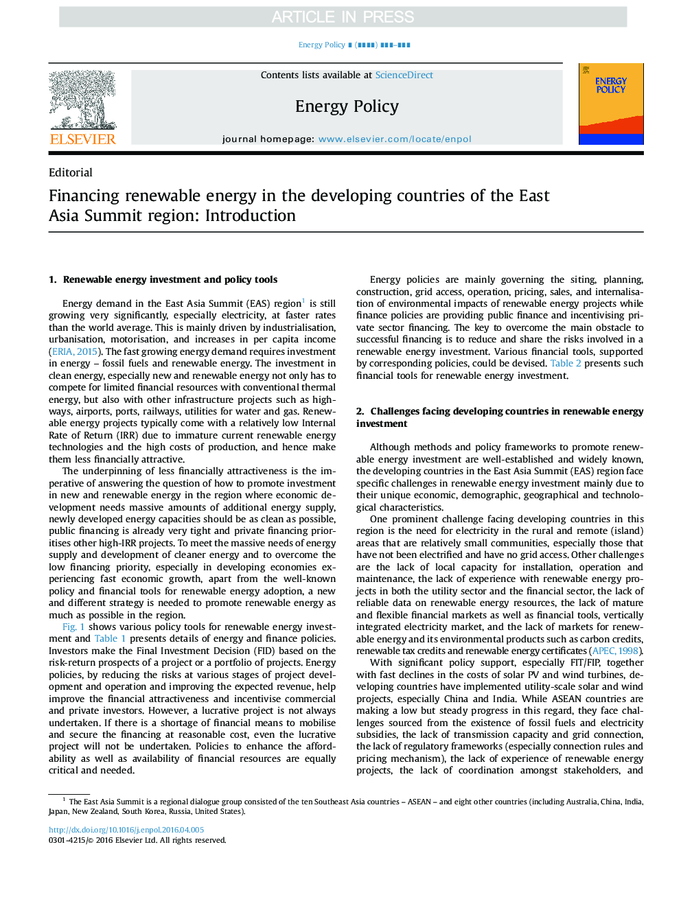 Financing renewable energy in the developing countries of the East Asia Summit region: Introduction