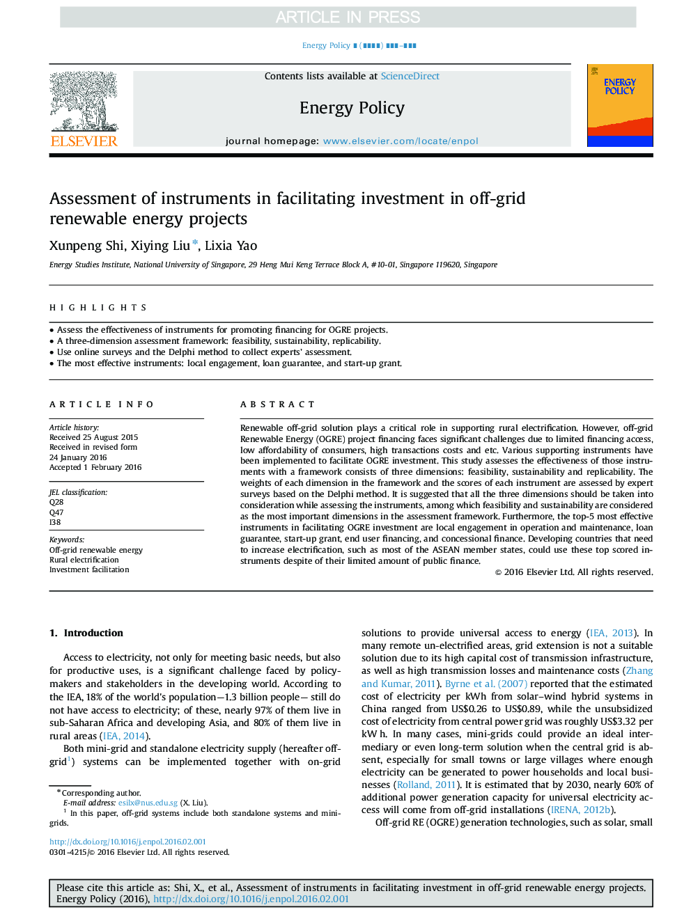 Assessment of instruments in facilitating investment in off-grid renewable energy projects