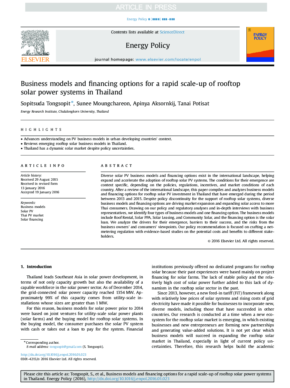 Business models and financing options for a rapid scale-up of rooftop solar power systems in Thailand