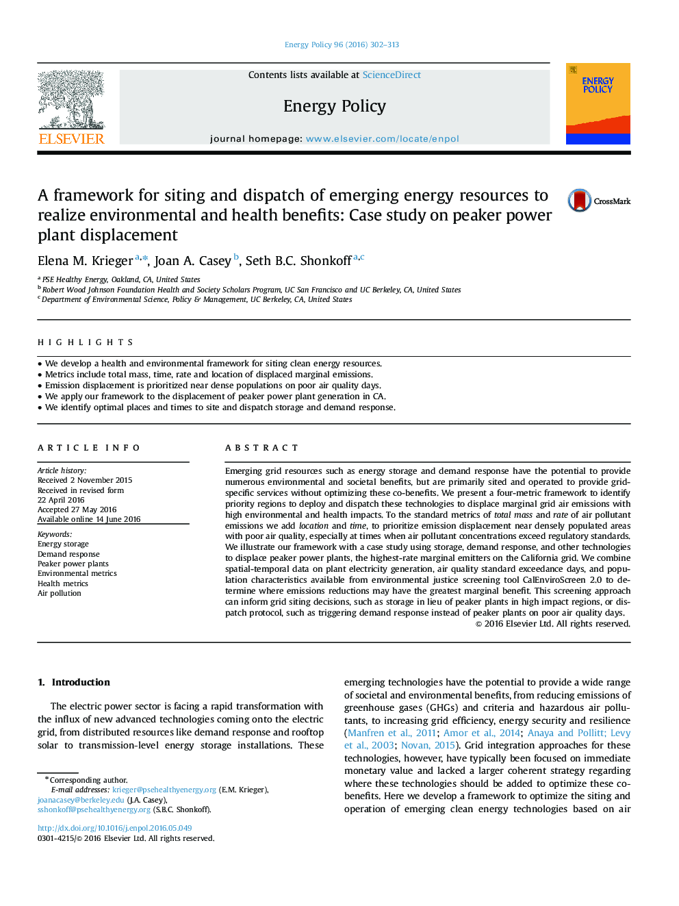 A framework for siting and dispatch of emerging energy resources to realize environmental and health benefits: Case study on peaker power plant displacement
