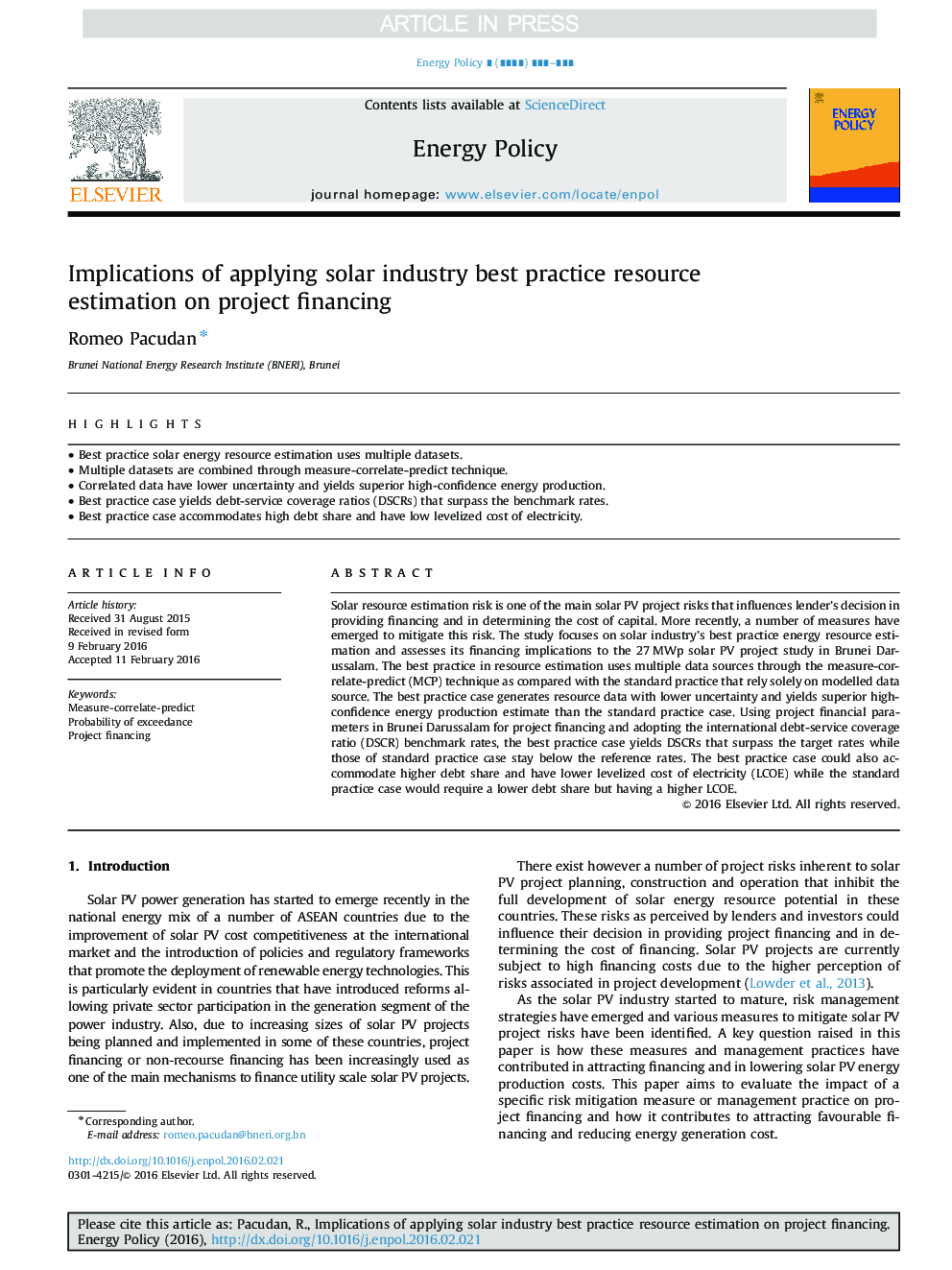 Implications of applying solar industry best practice resource estimation on project financing