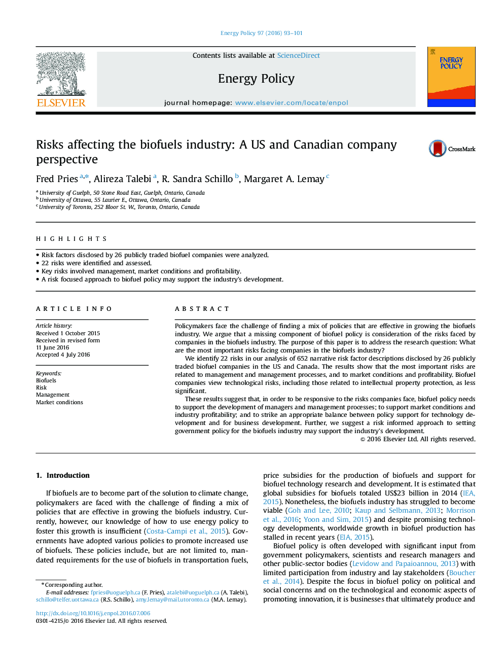 Risks affecting the biofuels industry: A US and Canadian company perspective