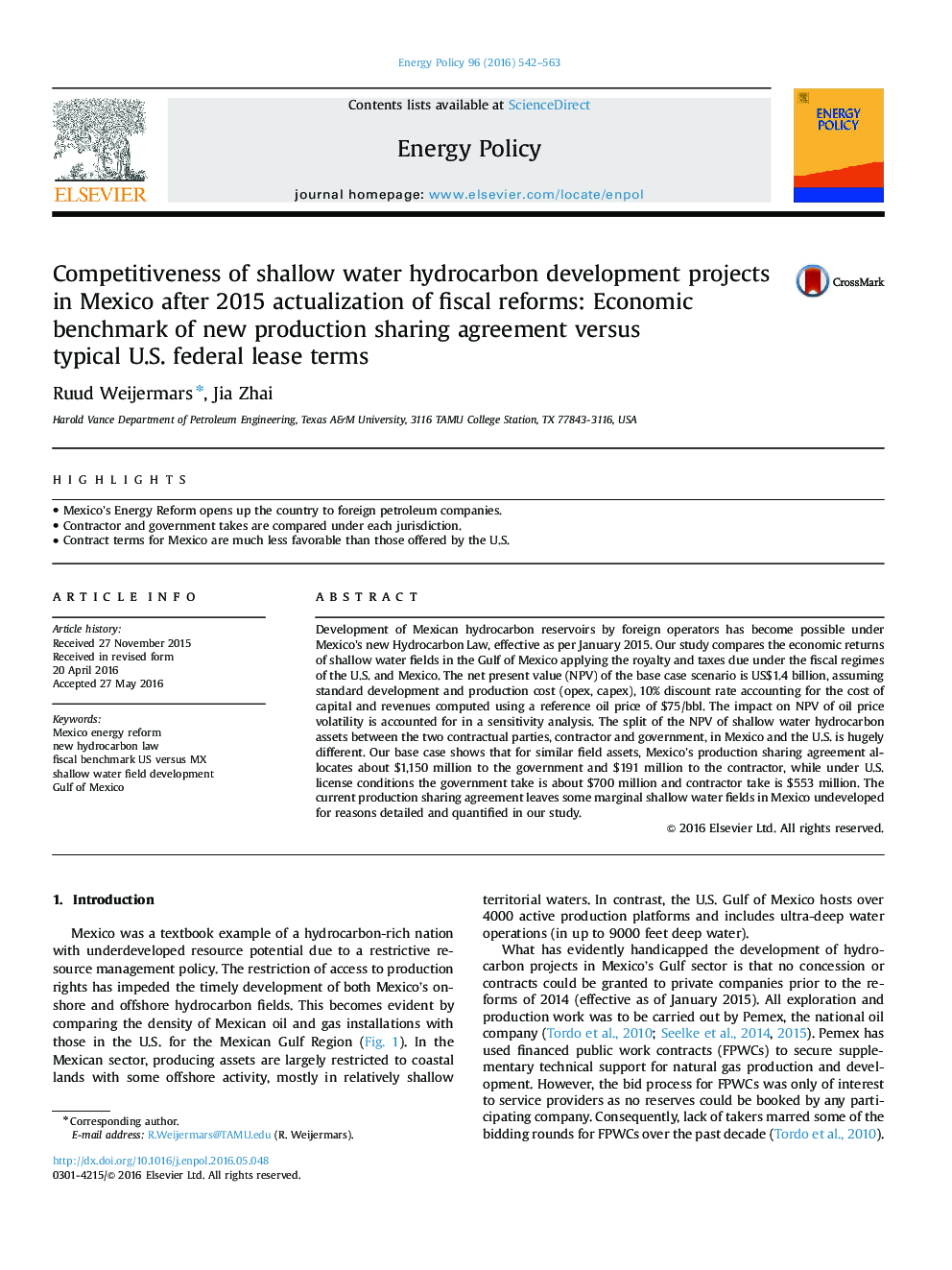 Competitiveness of shallow water hydrocarbon development projects in Mexico after 2015 actualization of fiscal reforms: Economic benchmark of new production sharing agreement versus typical U.S. federal lease terms