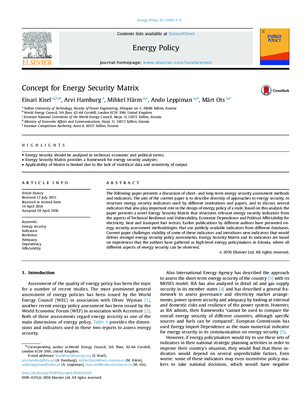 Concept for Energy Security Matrix