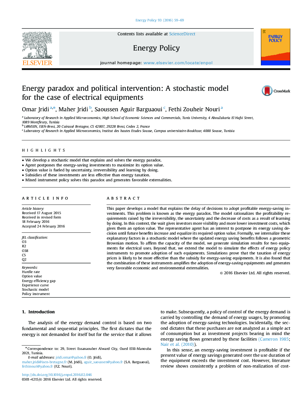 Energy paradox and political intervention: A stochastic model for the case of electrical equipments