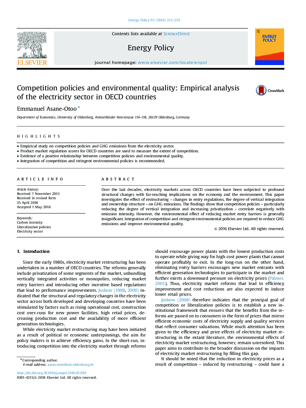 عکس صفحه اول مقاله: Competition policies and environmental quality: Empirical analysis of the electricity sector in OECD countries Competition policies and environmental quality: Empirical analysis of the electricity sector in OECD countries