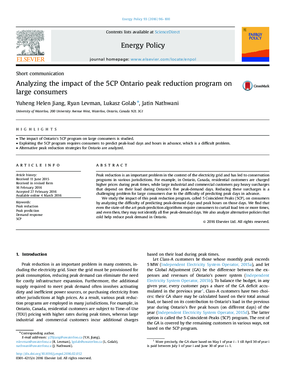 Analyzing the impact of the 5CP Ontario peak reduction program on large consumers