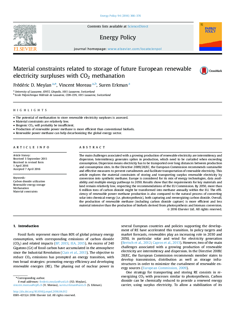 Material constraints related to storage of future European renewable electricity surpluses with CO2 methanation