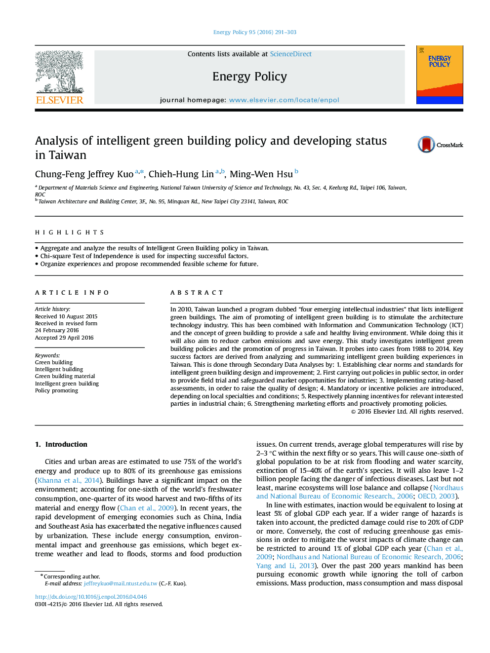 Analysis of intelligent green building policy and developing status in Taiwan