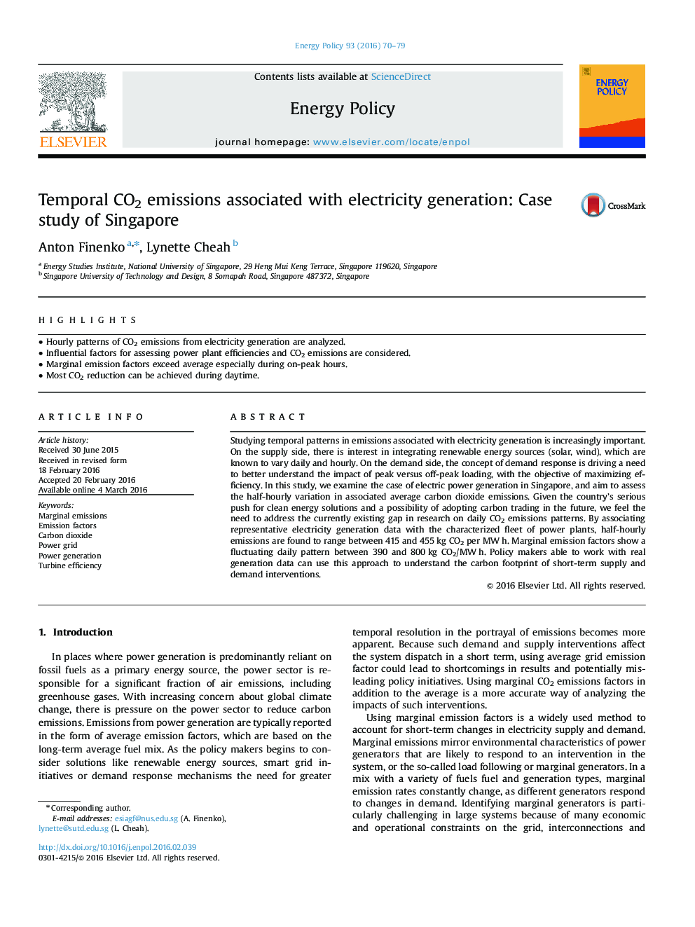 Temporal CO2 emissions associated with electricity generation: Case study of Singapore