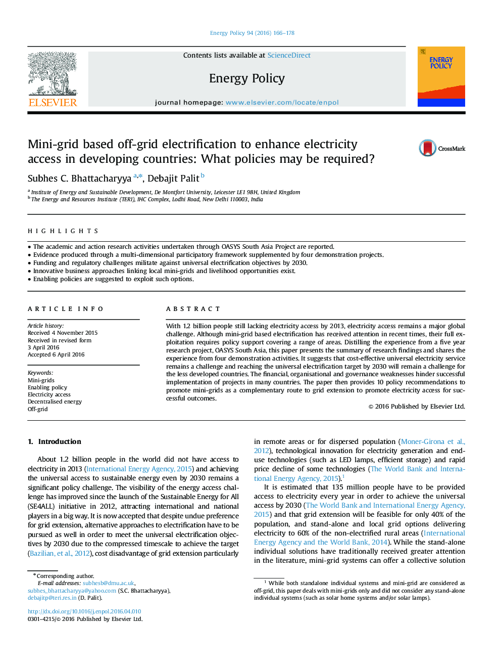 Mini-grid based off-grid electrification to enhance electricity access in developing countries: What policies may be required?