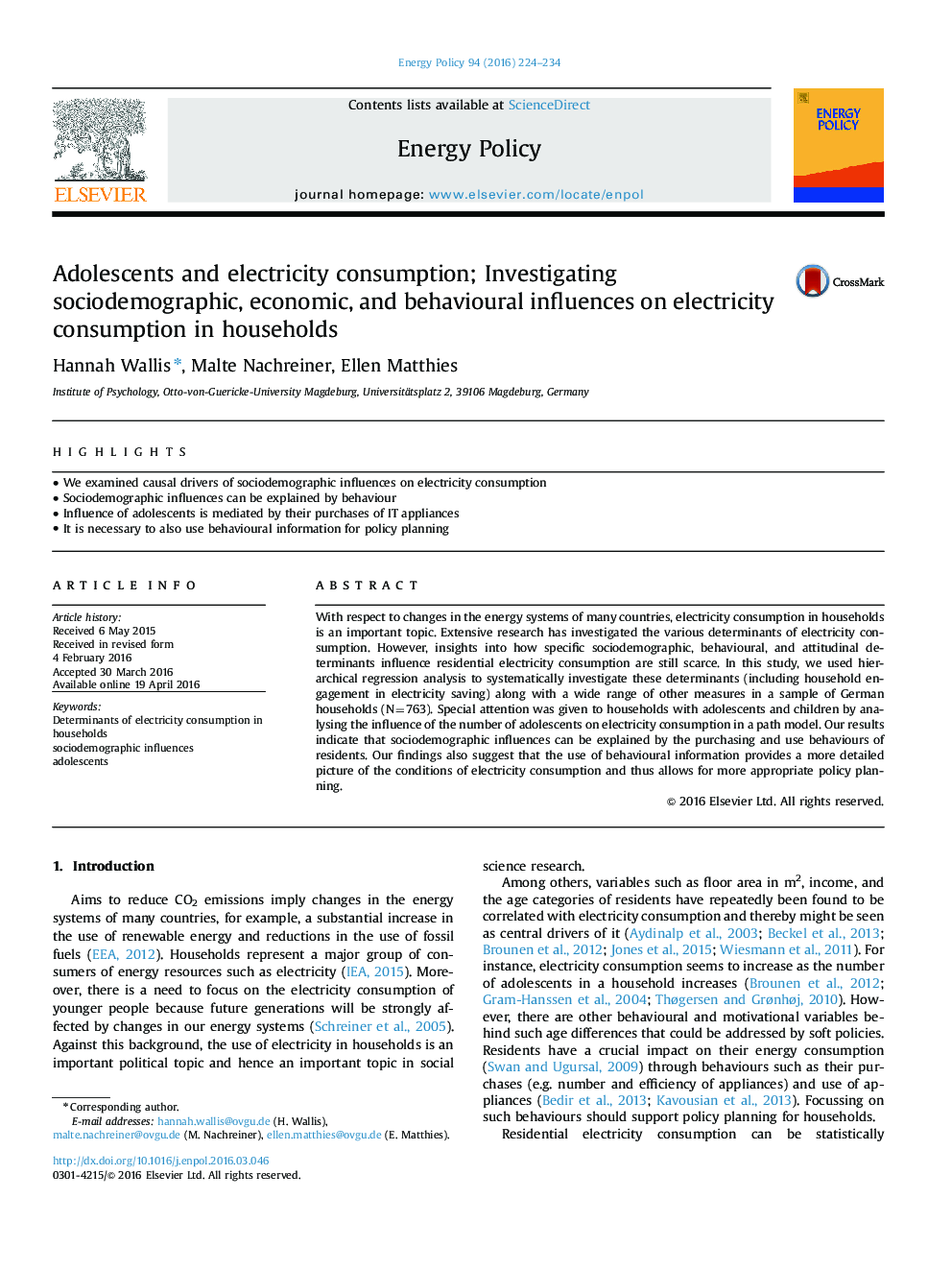 Adolescents and electricity consumption; Investigating sociodemographic, economic, and behavioural influences on electricity consumption in households