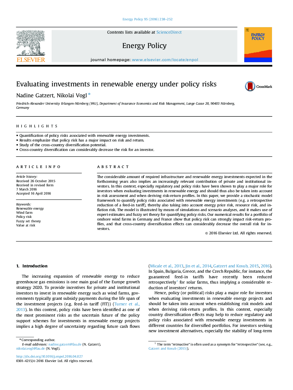 ارزیابی سرمایه گذاری در انرژی های تجدید پذیر تحت خطرات خط مشی 