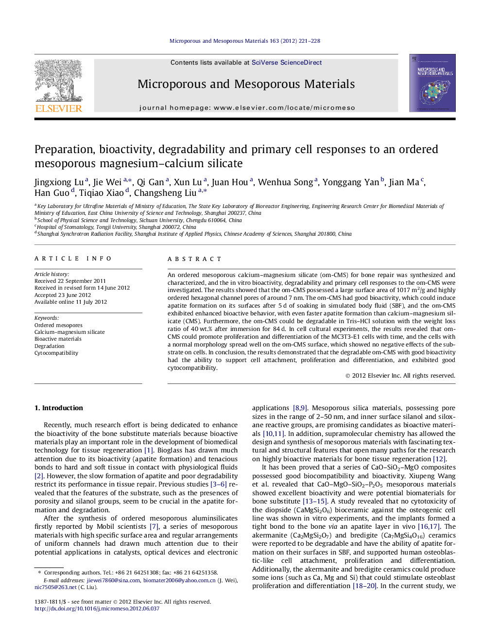 Preparation, bioactivity, degradability and primary cell responses to an ordered mesoporous magnesium–calcium silicate