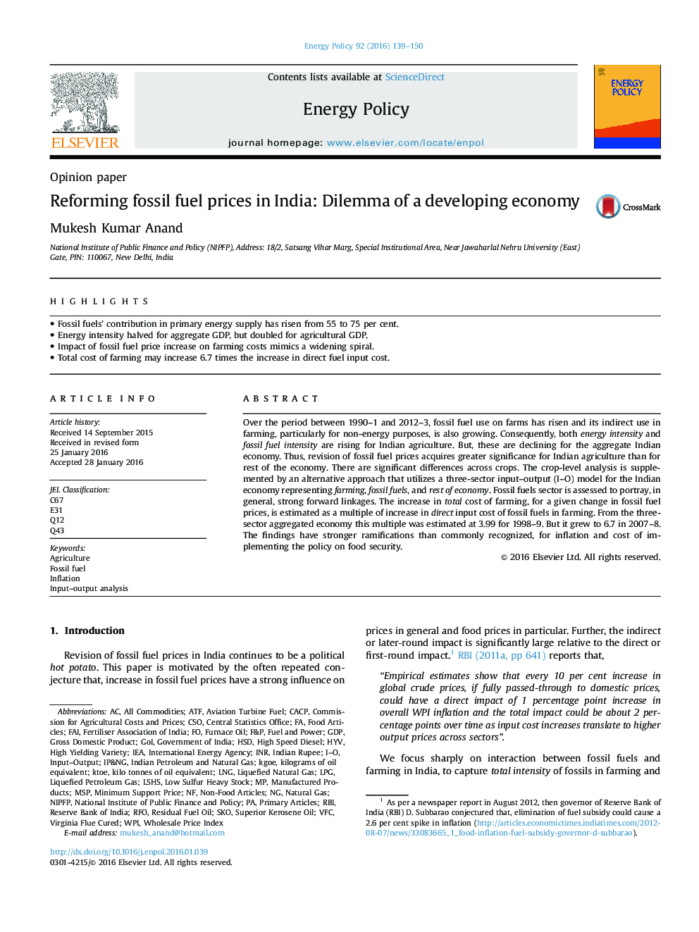 Reforming fossil fuel prices in India: Dilemma of a developing economy