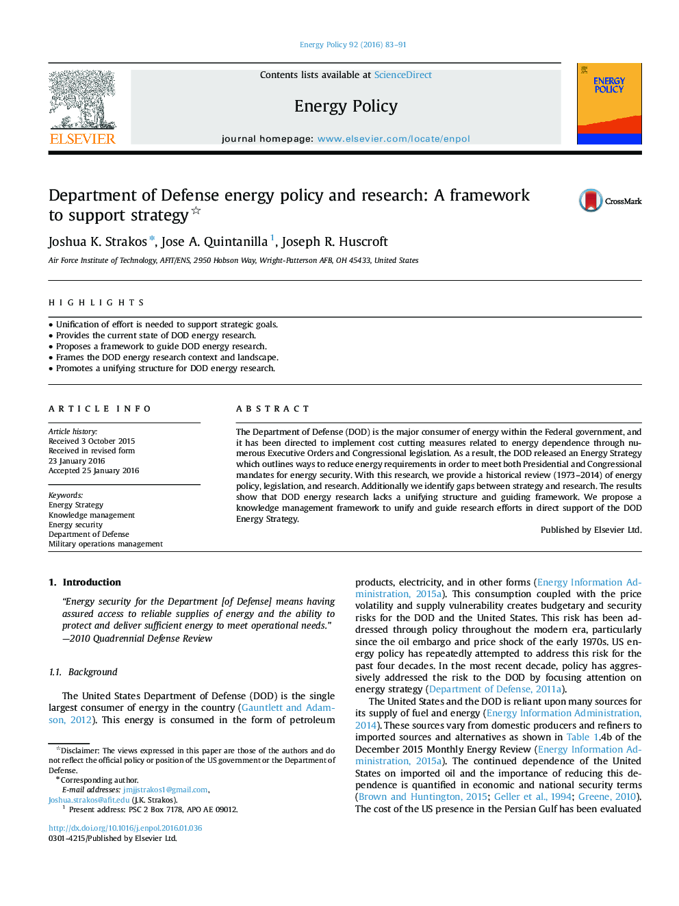 وزارت دفاع و سیاست انرژی: چارچوبی برای حمایت از استراتژی 