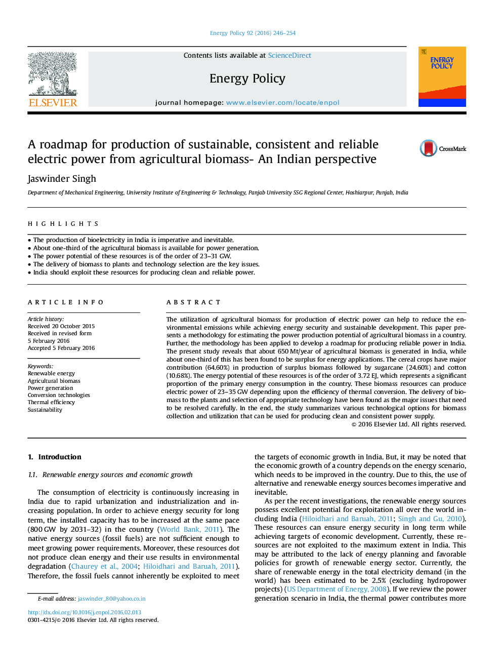 A roadmap for production of sustainable, consistent and reliable electric power from agricultural biomass- An Indian perspective