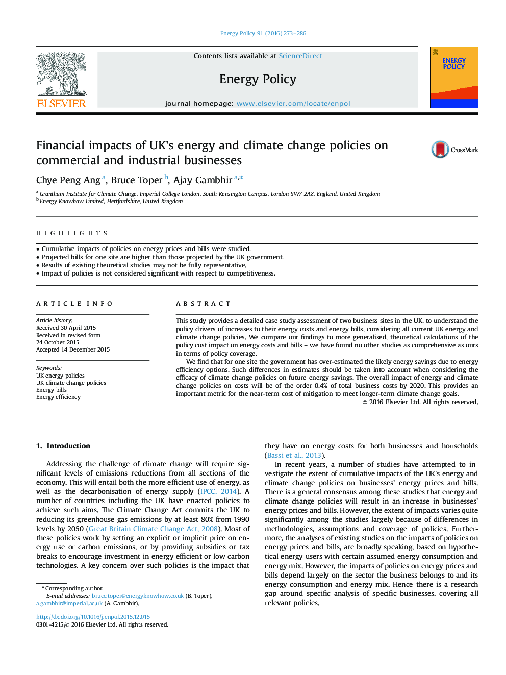 Financial impacts of UK's energy and climate change policies on commercial and industrial businesses