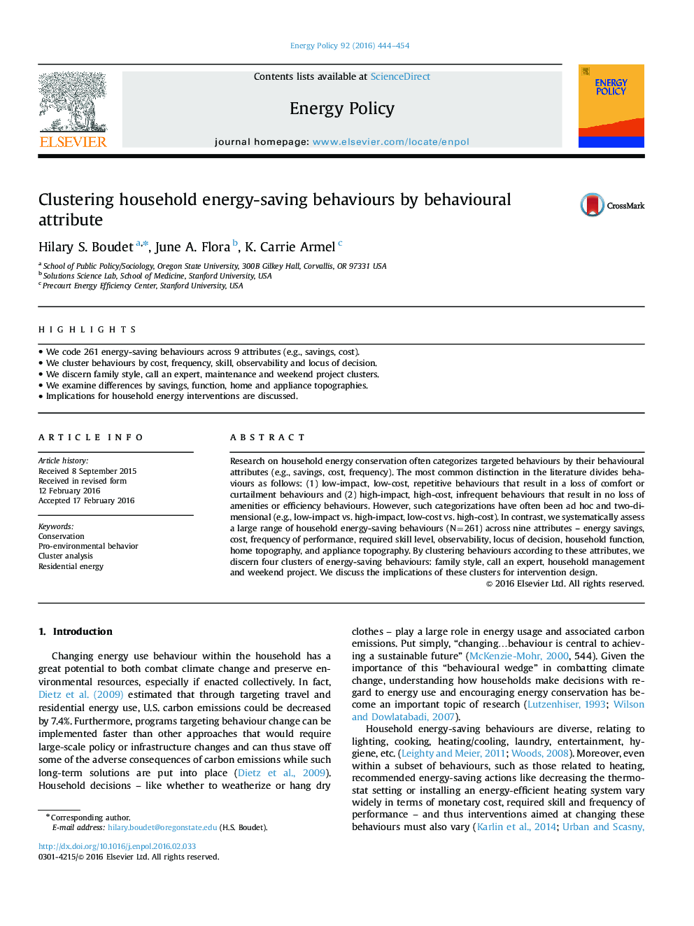 Clustering household energy-saving behaviours by behavioural attribute