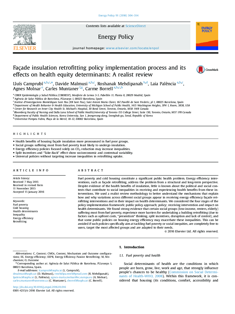 Façade insulation retrofitting policy implementation process and its effects on health equity determinants: A realist review