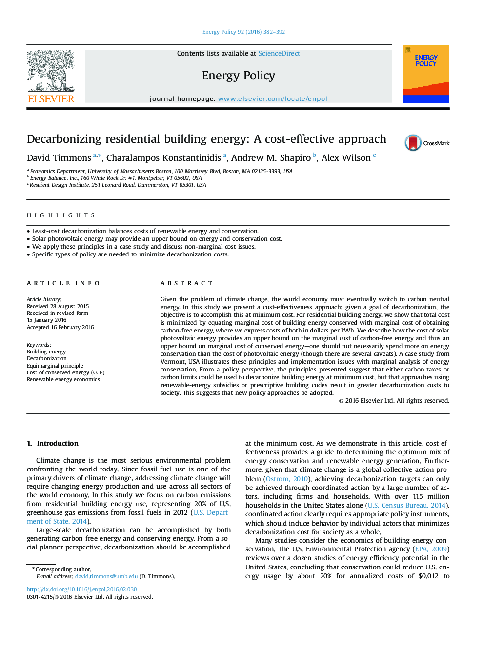 Decarbonizing residential building energy: A cost-effective approach