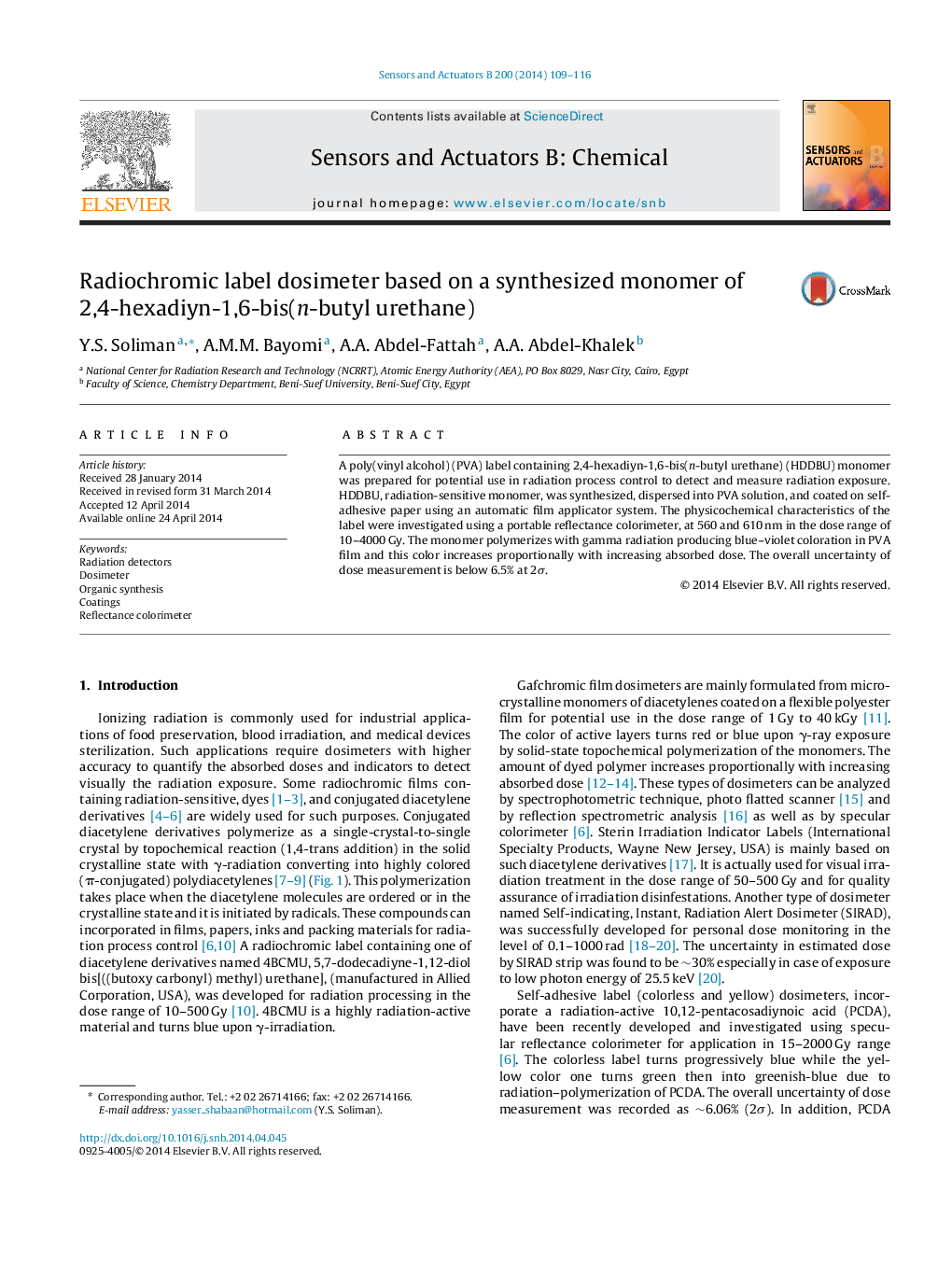 Radiochromic label dosimeter based on a synthesized monomer of 2,4-hexadiyn-1,6-bis(n-butyl urethane)