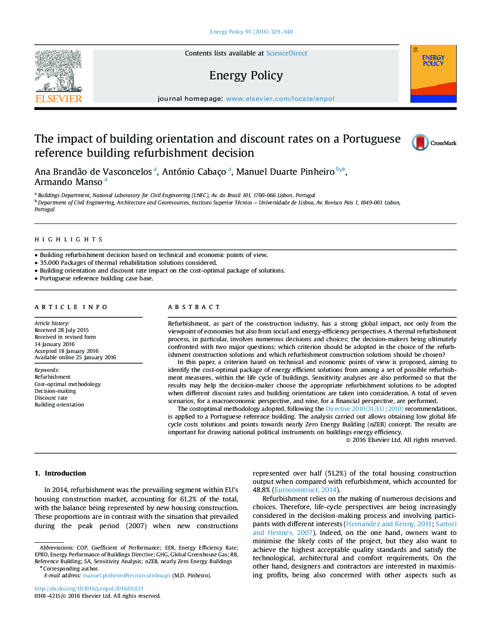 The impact of building orientation and discount rates on a Portuguese reference building refurbishment decision